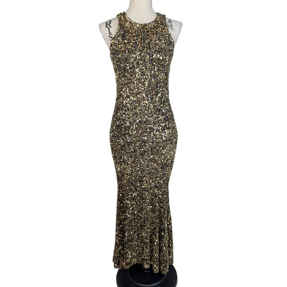 Theia Dresses & Skirts - Theia Gold Sequin Gown Size 4 Black Gold Sleeveless Mermaid Maxi Dress